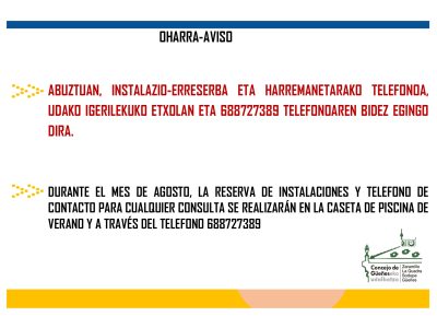Aviso reservas y teléfono de contacto para las piscinas en agosto
